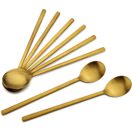 8 Piece Stainless Steel Set, 8.5 Inch, Gold with Long Handles, Asian Cooking Spoons for Home, Kitchen or Restaurant