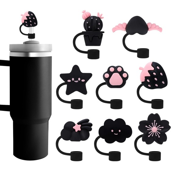Black Straw Covers Cap for Stanley Cup, 8 Pcs Straw Toppers for Stanley 30&40 Oz Tumbler, Cute Straw Caps Reusable Straw Tips Protectors for 0.4 Inch/10 mm Stanley Cup Accessories