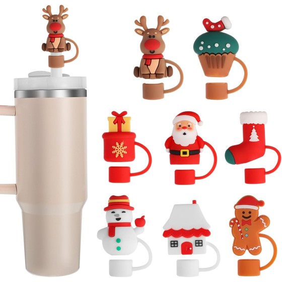 8 PCS Christmas Straw Topper, Straws Cover for Stanley 30&40 Oz Tumbler, Cute Christmas Straws Caps in Various Shapes, Drinking Straw Tip Covers for 0.4 Inch/10 mm Straw