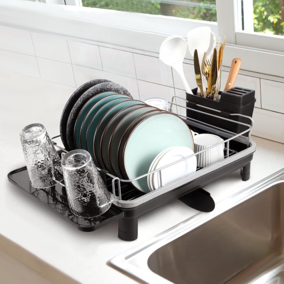 Dish Drainer Rack, Dish Drying Rack Multifunctional Sink Drainer Rack Plate Rack with Utensil Holder Drainage Spout Drip Tray Cup Holder Draining Board Rack for Kitchen Counter