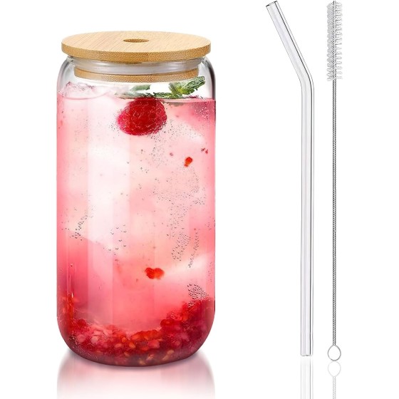 Glass Cups with Lids and Straws 1Pack,Glass Coffee Cups,Glass Cup with Lid for Iced Coffee,Smoothie,Cocktail,Beer,Whiskey,Soda,Matcha,16 Oz Glass Cup with Bamboo Lid,1 Brush