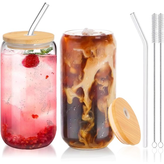 Glass Cups with Lids and Straws 2Pcs,Cute Glass Cups for Iced Coffee Smoothies Whiskey Matcha Mojito Soda,16 Oz,2 Brush