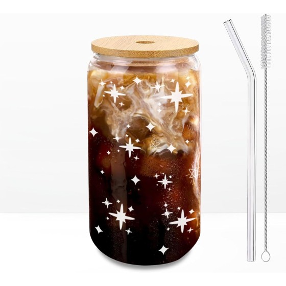 Glass Cup with Lid and Straw 16oz, Aesthetic Iced Coffee Cup, Cute Star Design Preppy Cup, Gift for Girls and Women – 1 Pack with Brush