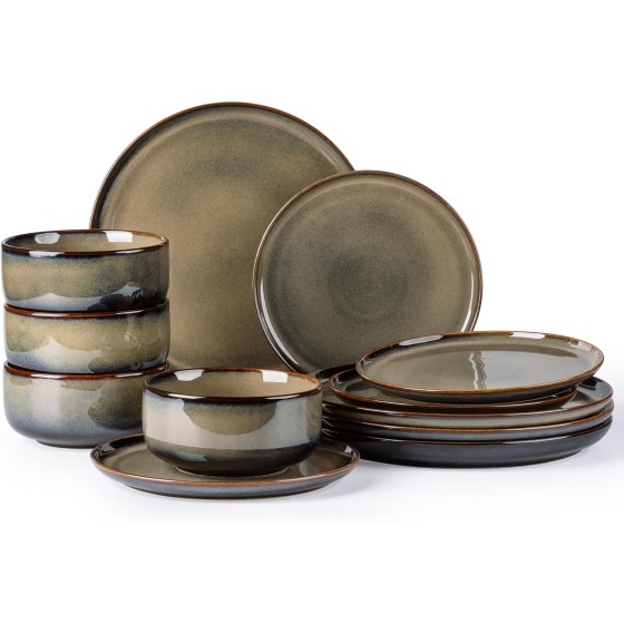 Ceramic Dinnerware Sets for 4, 12 Pieces Handmade Reactive Glaze Plates and Bowls Set, Scratch Resistant Dish Set, Oven & Microwave & Dishwasher Safe