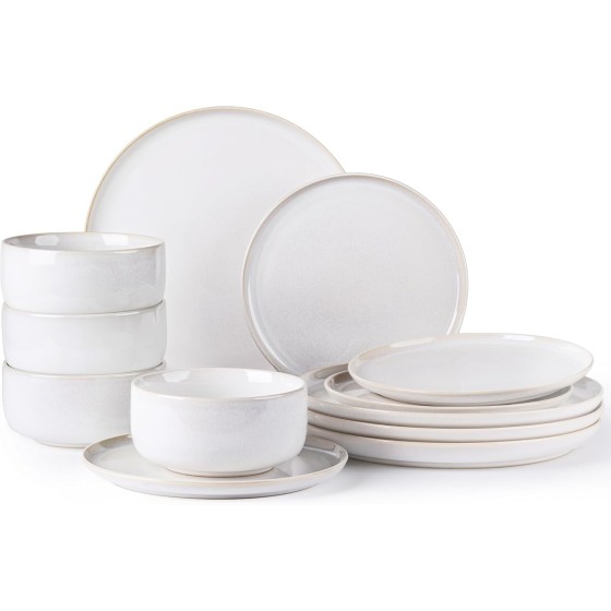 Ceramic Dinnerware Sets for 4, 12 Pieces Handmade Reactive Glaze Plates and Bowls Set, Scratch Resistant Dish Set, Oven & Microwave & Dishwasher Safe, Star White