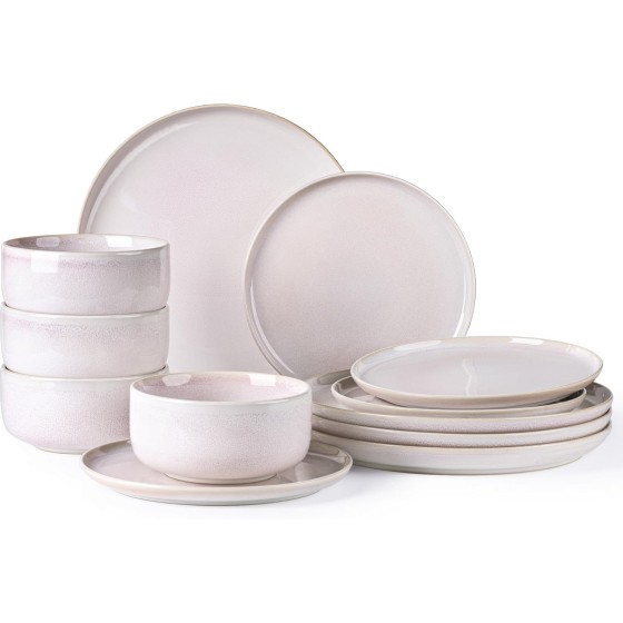 Ceramic Dinnerware Sets for 4, 12 Pieces Handmade Reactive Glaze Plates and Bowls Set, Scratch Resistant Dish Set, Oven & Microwave & Dishwasher Safe, Primrose Pink