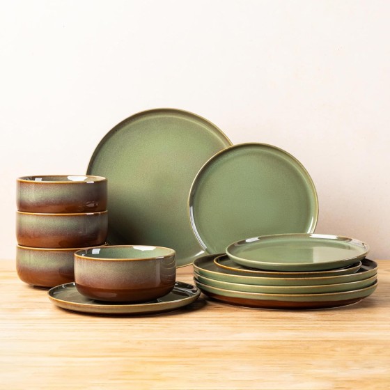 Ceramic Dinnerware Sets for 4, 12 Pieces Handmade Reactive Glaze Plates and Bowls Set, Scratch Resistant Dish Set, Oven & Microwave & Dishwasher Safe, Brown Green