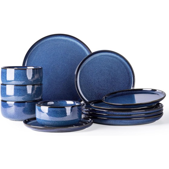 Ceramic Dinnerware Sets for 4, 12 Pieces Handmade Reactive Glaze Plates and Bowls Set, Scratch Resistant Dish Set, Oven & Microwave & Dishwasher Safe, Blue